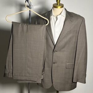 Chaps Suit Mens 42R 34x31 Brown Glen Plaid Wool Two Button Notch Lapel Office
